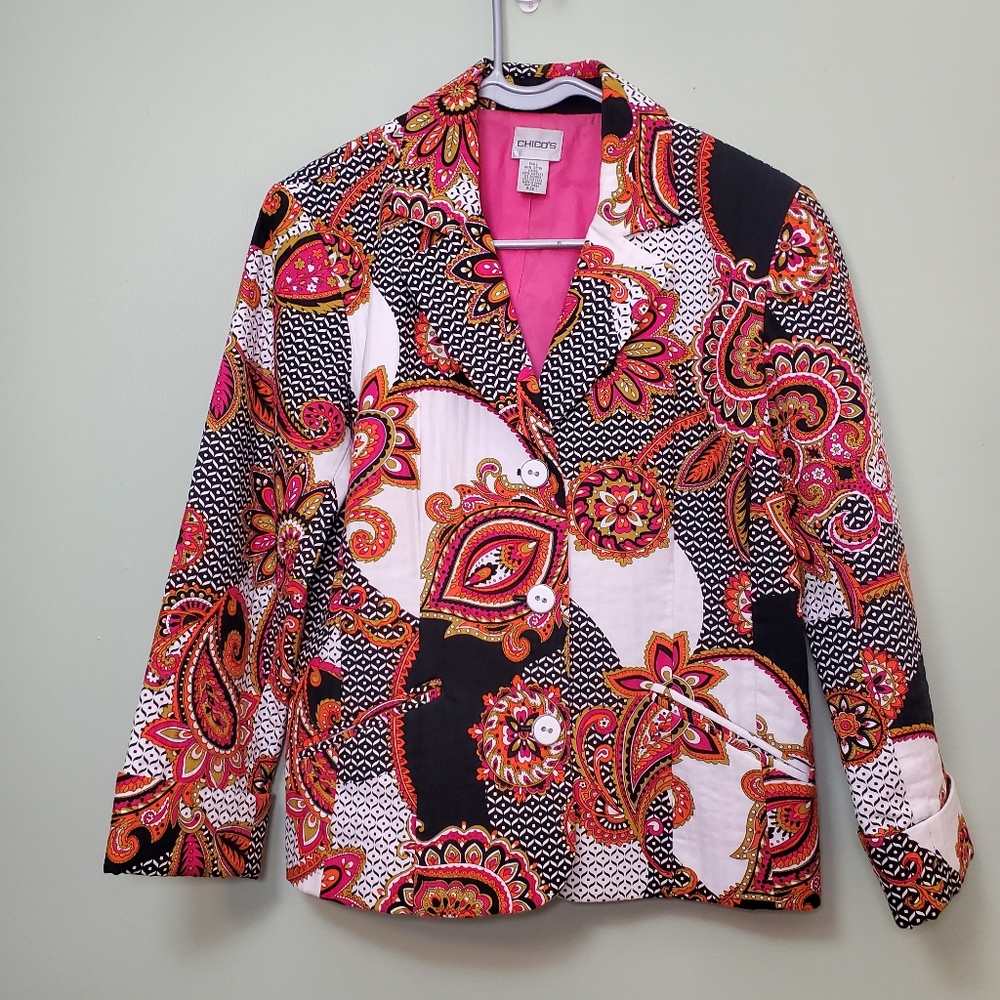Chico's Blazer Button Jacket Women's Size 1 (M/8) Colorful Boho Paisley Pockets